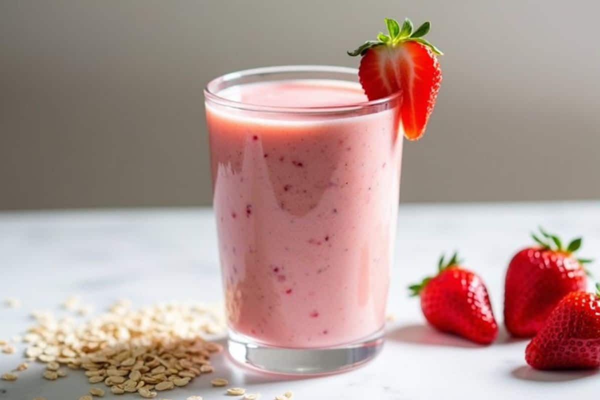 A strawberry lactation smoothie in a clear glass, garnished with a fresh strawberry on the rim. The smoothie has a creamy pink texture with visible bits of blended strawberries. Surrounding the glass are whole strawberries and scattered oats, highlighting the milk-boosting ingredients in this breastfeeding-friendly recipe.
