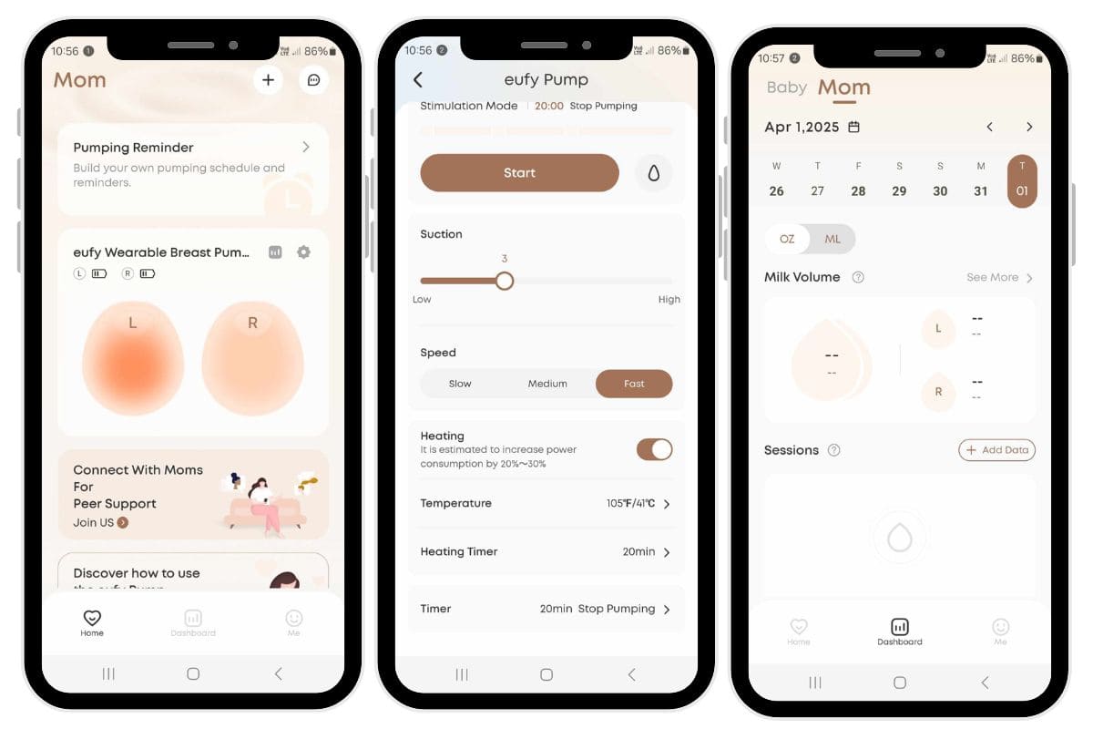 Screenshots of the Eufy Baby app showing pump controls, suction and heat settings, and milk volume tracking for the Eufy S1 Pro wearable breast pump.