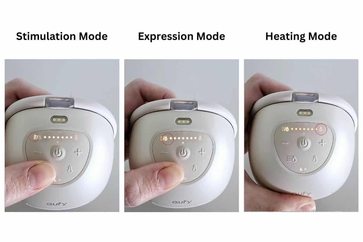 Side-by-side images showing the Eufy S1 Pro breast pump in stimulation mode, expression mode, and heating mode with LED indicators highlighted.