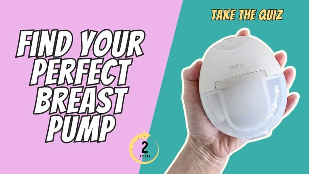 Hand holding a white Eufy wearable breast pump against a teal background, with bold text on a pink background reading “Find Your Perfect Breast Pump.”