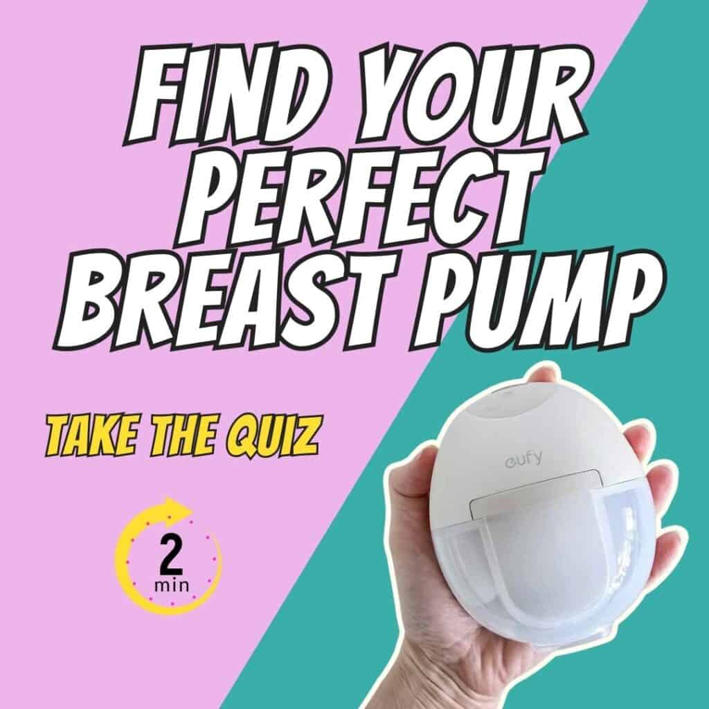 Graphic with split pink and teal background. Bold text reads 'Find Your Perfect Breast Pump' with 'Take the Quiz' highlighted below. A hand holds a white Eufy breast pump on the right side. A yellow circle with text '2 min' indicates the quiz duration.