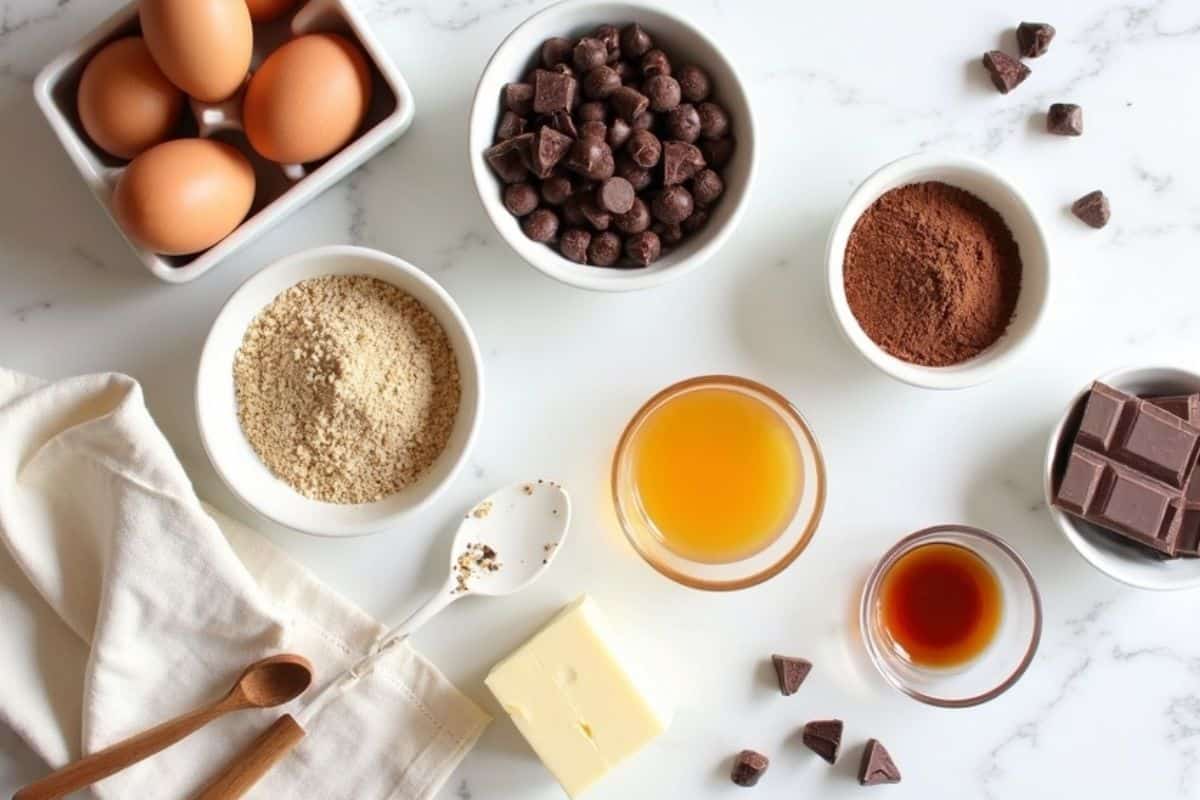 Ingredients for lactation brownies arranged on a white marble surface