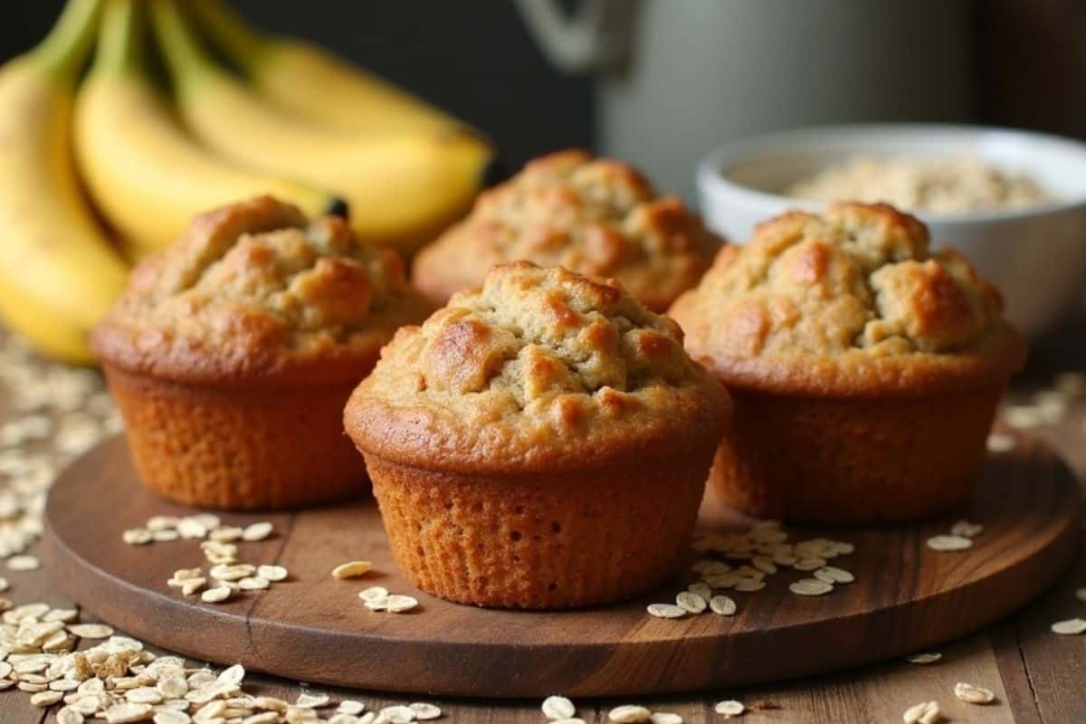 Banana oat lactation muffins on a wooden board with oats and fresh bananas in the background