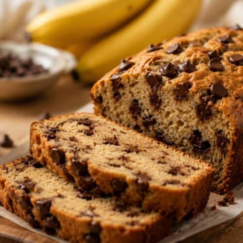 Chocolate chip lactation banana bread sliced on a wooden board with a breast milk bottle, bananas, and chocolate chips in a warm kitchen setting.